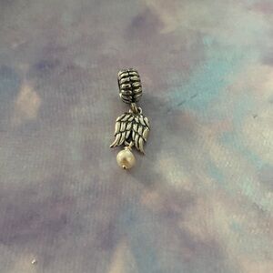 Silver Angel Wing Charm with Pearl Accent